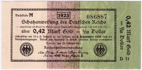 0,42 Mark Gold 26.10.1923. Kn. 6-stellig, Serie D 11. I