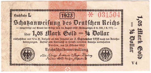 1,05 Gold Mark 26.10.1923. Kn. 6-stellig, Serie V4. II-III