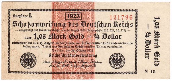 1,05 Mark Gold 26.10.1923. Kn. 6-stellig, Serie N16. I-