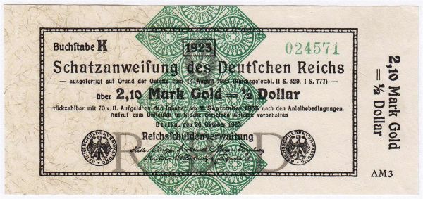 2,10 Mark Gold 26.10.1923. Kn. 6-stellig, Serie Q, AM3. I