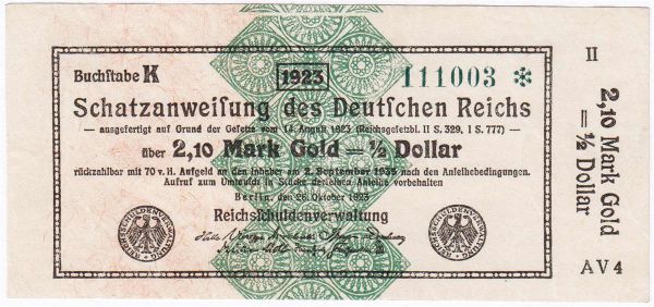 2,10 Mark Gold 26.10.1923. Kn. 6-stellig, Buchstabe K, ohne 