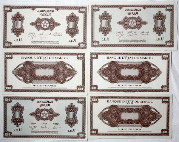 6 einseitige Proben des 1000 Francs, 3 X Vorderseite und 3 X Rückseite, teils gelocht. 1 X kl. Einriss. II bis I
