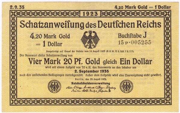 4,20 Gold Mark 25.8.1923. Kn. 6-stellig, Firmendruck Fz. 15p. I