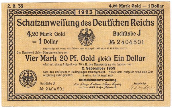 4,20 Gold Mark 25.8.1923. Kn. 7-stellig, Buchstabe J. I-II