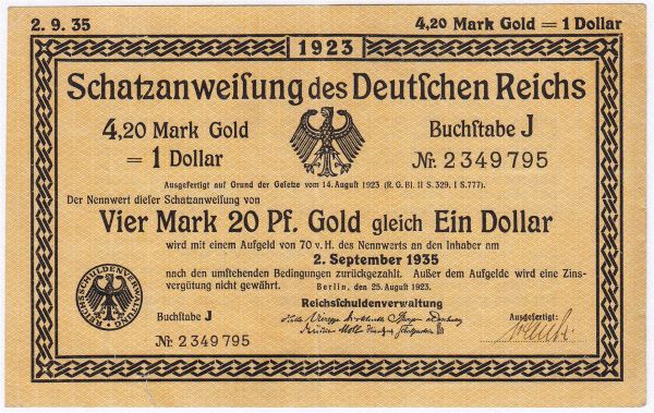 4,20 Gold Mark 25.8.1923. Kn. 7-stellig, Buchstabe J. II-III, kl. reparierter Einriß