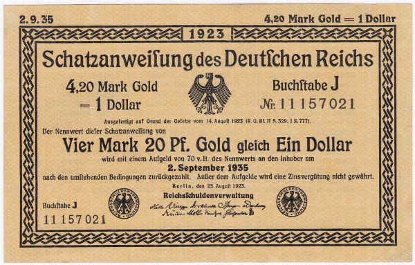 4,20 Gold Mark 25.8.1923. Kn. 8-stellig, Buchstabe J. I-