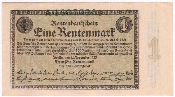 1 Rentenmark 1.11.1923. Kn. 8-stellig, Serie A. I-