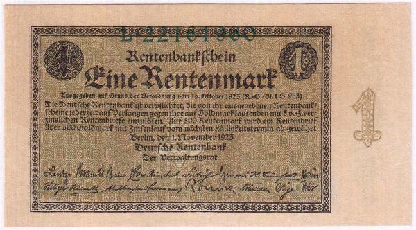 1 Rentenmark 1.11.1923. Kn. 8-stellig, Serie L. I