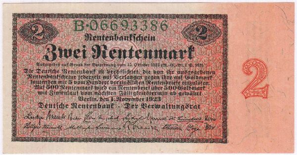 2 Rentenmark 1.11.1923. Kn. 8-stellig, Serie B. I
