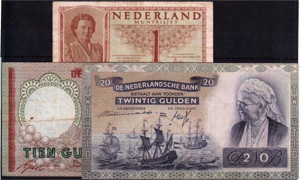 3 Scheine: 20 Gulden 1941, 1 Gulden 1949, 10 Gulden 1953. II bis III
