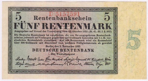 5 Rentenmark 1.11.1923. Kn. 7-stellig, Serie D. I-