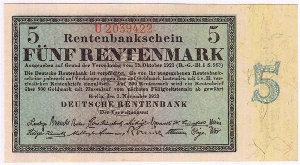 5 Rentenmark 1.11.1923. Kn. 7-stellig, Serie U. I