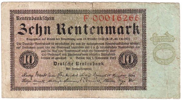 10 Rentenmark. 1.11.1923. Serie F. II, kl. Einriß