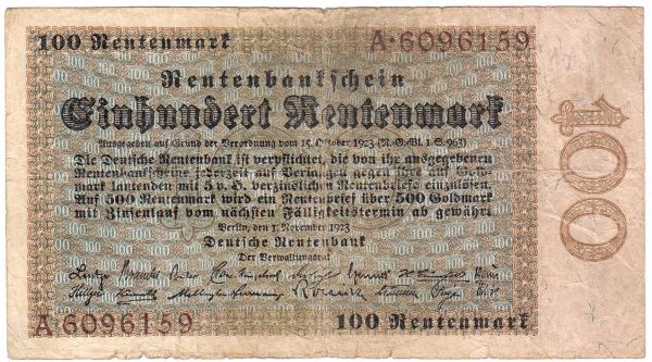 100 Rentenmark 1.11.1923. Serie A. IV, kl. Einrisse, selten