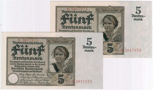 2 X 5 Rentenmark 2.1.1926. Kn. 7-stellig, Serie P, fortlaufende Nummer. I-