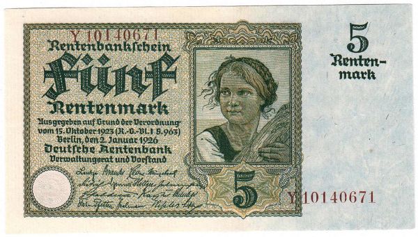 5 Rentenmark 2.1.1926. Kn. 8-stellig in braun, Serie Y. I