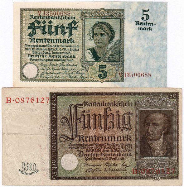 2 Stück: 50 Rentenmark 6.7.1934. Kn. 7-stellig, Serie B und 5 Mark 2.1.1926 mit brauner 8 stelliger Kn., Serie V. III- und III
