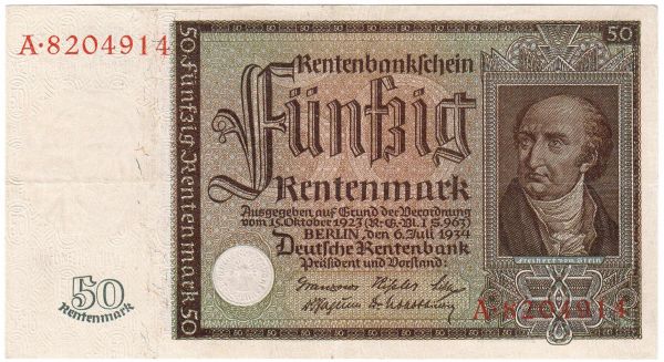 50 Rentenmark 6.7.1934. Kn. 7-stellig, Serie A. II