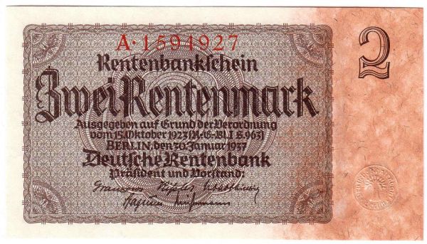 2 Rentenmark 30.1.1937. Kn. 7-stellig, Serie A. I