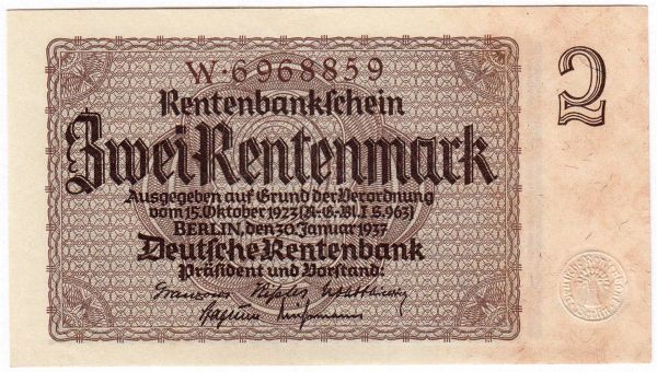 2 Rentenmark 30.1.1937. Kn. 7-stellig in braun, Serie W. I