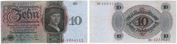 10 Rentenmark 11.10.1924. Kn. 7-stellig, Serie U/M. II