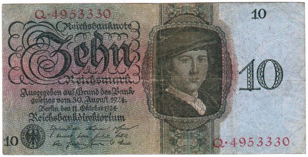 10 Rentenmark 11.10.1924. Kn. 7-stellig, Serie U/Q. IV-III