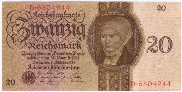 20 Reichsmark 11.10.1924. Kn. 7-stellig, Serie E/D. III