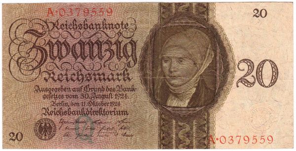 20 Reichsmark 11.10.1924. Kn. 7-stellig, Serie Q/A. III