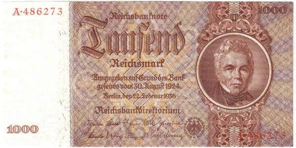 1000 Reichsmark 22.2.1936. Kn. 6-stellig. Serie G/A. I