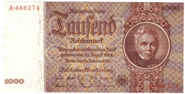 1000 Reichsmark 22.2.1936. Kn. 6-stellig, Serie G/A. I