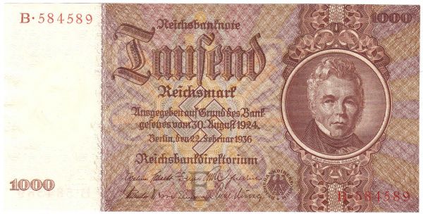1000 Reichsmark 22.2.1936. Kn. 6-stellig in braun, Serie E/B. I