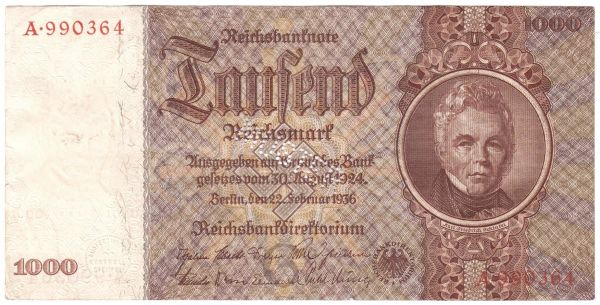 Muster 1000 Reichsmark 22.2.1936. Kn. 6-stellig, Serie G/A. Mit Perforation MUSTER (8 mm hoch). Als Vergleichsstück zur Währungsreform in der SBZ 1948. II-III, winz. Einriß an der linken Seite, selten