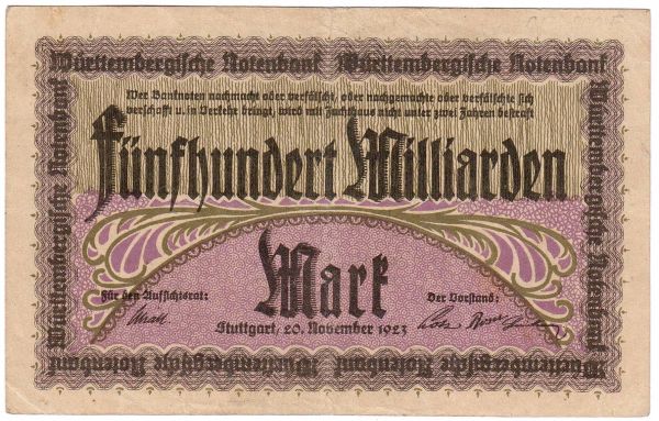 Württemberg: 500 Mrd. Mark 20.11.1923. Ohne Lochentwertung. III-, sehr selten