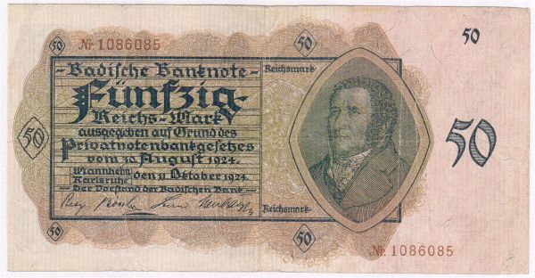 Badische Banknote, 50 Reichsmark 11.10.1924. III, sehr selten