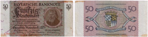 50 Reichsmark der Bayerischen Notenbank 1.9.1925, Serie L (nicht im Rosenberg). III, fleckig, oben rechts in der Ecke kl. Fehlstelle, äußerst selten
