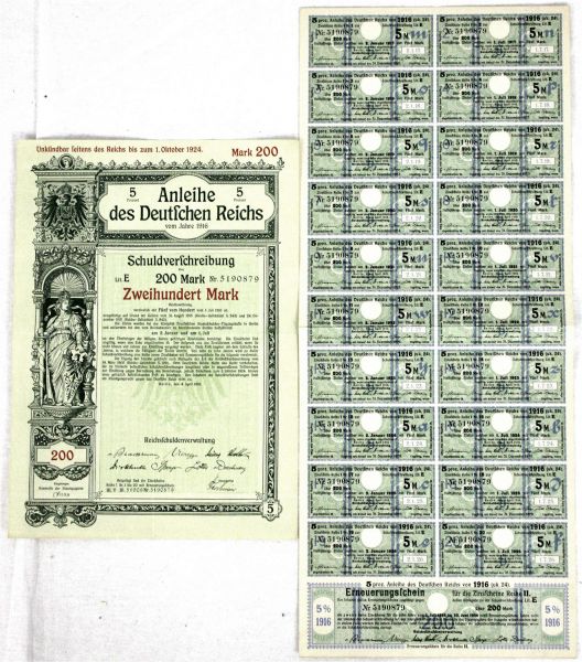 20 X 5 Mark Zinskupons mit anhägendem Erneuerungsschein als kompletten Bogen 1916. Mehrfach gefaltet. Als Anlage die Schuldverschreibung. Als Bogen selten. II-I
