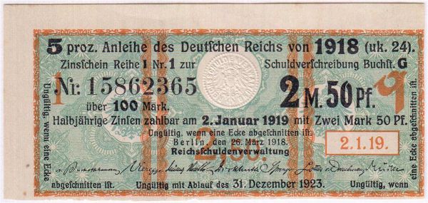 2,50 Mark Zinskupon der Anleihe 1918. I-