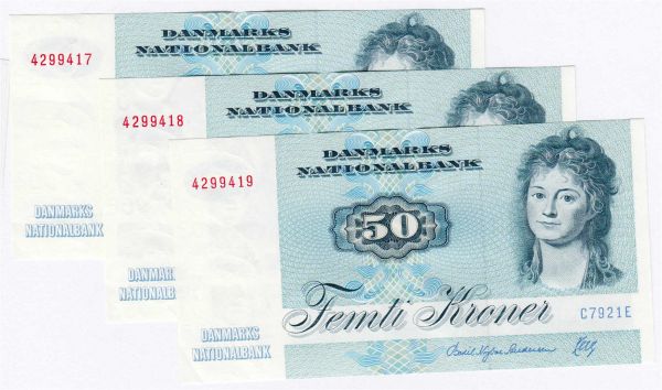 3 X 50 Kroner mit fortlaufenden Nummern, Serie 1972, Prefix C7. I und I-