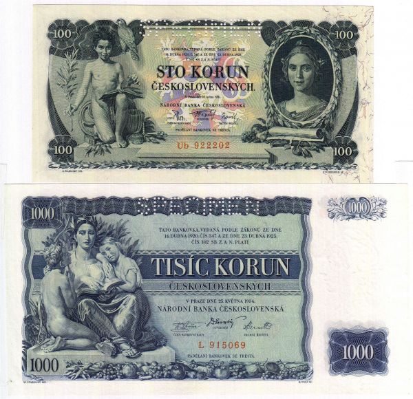 2 Scheine: 100 Korun 1931 und 1000 Korun 1934, beide Specimen. beide I