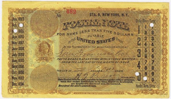 Postal Note, ausgestellt über 1 Cent, März 1884. Typ I, Station B, New York, zur Einlösung in San Francisco. II