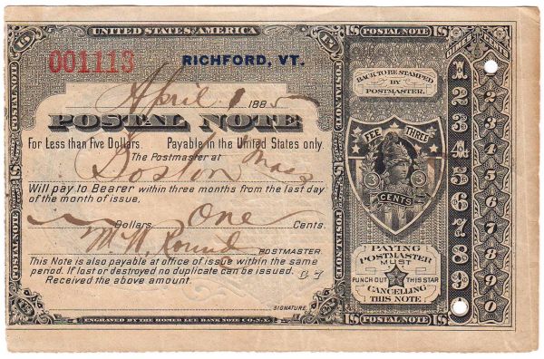 Postal Note, ausgestellt über 1 Cent, 1. April 1885. Typ II, Richfort VT., zur Einlösung in Boston. II