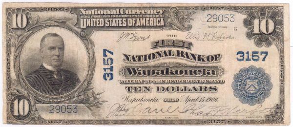10 Dollars 15.4.1904 First National Bank of Wapakoneta, Ohio. III, selten