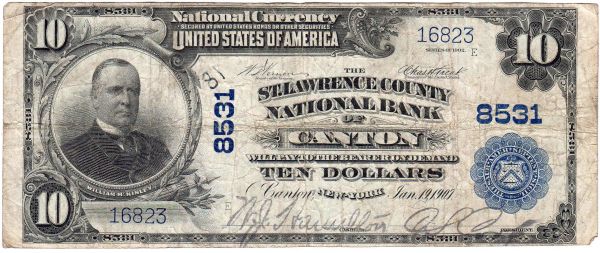 10 Dollars 19.1.1907 (series of 1902). St. Lawrence County National Bank of Canton, New York, National Currency. IV, selten