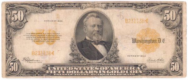 50 Dollars (in Gold Coin) Series of 1922. Gold certificate. III