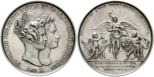 Silbermedaille im Talergewicht 1836, von König u. Loos. Auf die Hochzeit Karl Wilhelm Ludwigs, zweiter Sohn Ludwigs II., mit Prinzessin Elisabeth v. Preussen (1815-1886). Die versetzten Kopfbilder/Hymen mit Kranz und Fackel zwischen gekrönten preussischen Adler u. hessischen Löwen. 42,5 mm, 28,71 g. vorzügliches Prachtexemplar, sehr selten Elisabeth v. Preußen kümmerte sich in ihrer neuen Heimat Hessen um die Armenpflege; Karl Wilhelm war großherzoglich-hessischer General der Infanterie u. Inhaber des 4. Infanterieregiments