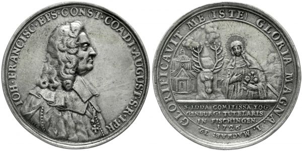 Silbergussmedaille 1726 von Gessner. 500. Todestag der hl. Idda von Toggenburg. 62 mm; 67,44 g. sehr schön, Felder geglättet, äußerst selten Exemplar der Slg. Höfken mit altem Bestimmungszettel (geschrieben auf der Rückseite von Höfkens Visitenkarte)