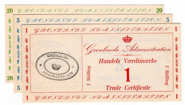 3 Scheine: 1, 5 und 20 Skilling Handels Vaerdimaerke o.J.(1942). I