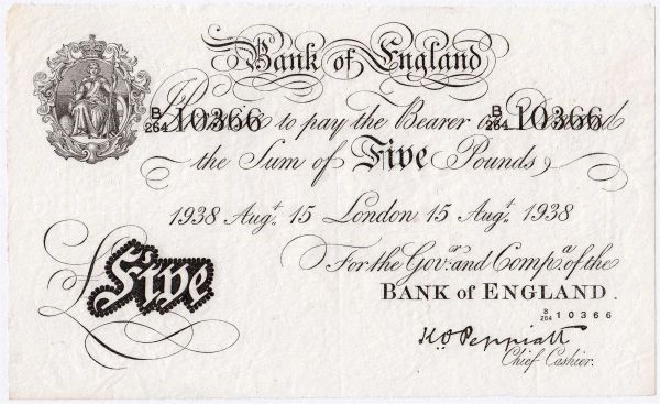 5 Pounds 15.8.1938. London Bank of England. Perfekte Fälschung aus dem Unternehmen Bernhard, anbei Zeitungsbericht über das Unternehmen. I