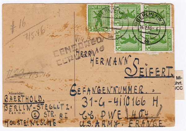 SBZ: 5 Pf. Berliner Bär auf Bedarfs-Kriegsgefangenenkarte 1945 aus BERLIN NW 7, 16.2.46 mit L2 Zensurstempel nach PWE 404, U.S. ARMY. FRANCE, teils Randmängel, sehr selten. Bedarfserhaltung