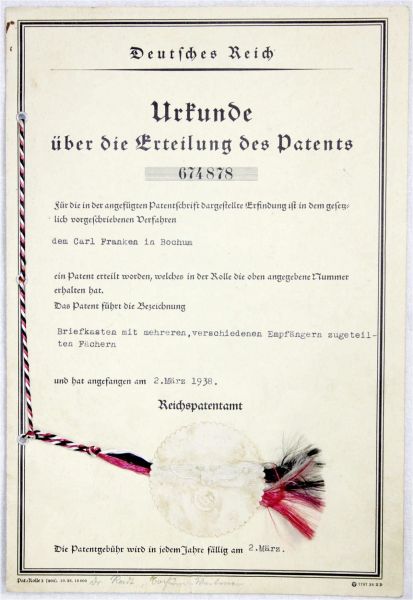 Patent-Urkunde vom 2. März 1938, ausgestellt für Carl Franken in Bochum für die Erfindung 
